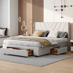 Lit double 140x200 cm avec 3 tiroirs, sommier à lattes, lit queen size, linge, lit capitonné pour adulte - Beige