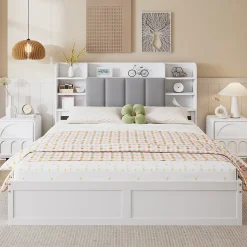 Lit Double 160x200 cm avec 3 Tiroirs Sur Roulettes, Rangement Sous Sommier, Tête de Lit avec Étagères - Pin Massif, Blanc Velours