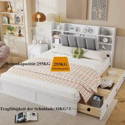 Lit Double 160x200 cm avec 3 Tiroirs Sur Roulettes, Rangement Sous Sommier, Tête de Lit avec Étagères - Pin Massif, Blanc Velours