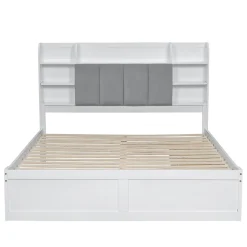 Lit Double 160x200 cm avec 3 Tiroirs Sur Roulettes, Rangement Sous Sommier, Tête de Lit avec Étagères - Pin Massif, Blanc Velours