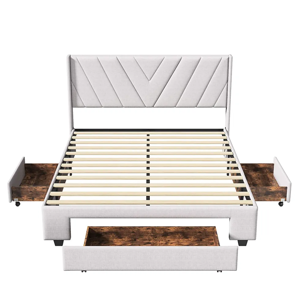 Lit double 160x200 cm avec 3 tiroirs, sommier à lattes, lit queen size, linge, lit capitonné pour adulte - Beige