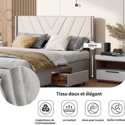 Lit double 160x200 cm avec 3 tiroirs, sommier à lattes, lit queen size, linge, lit capitonné pour adulte - Beige