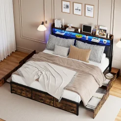 Lit double 140x200 cm avec cadre en métal, tête de lit en PU noir mat motif tigre et éclairage LED intégré