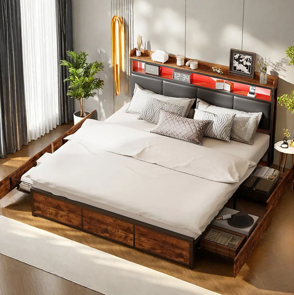 Lit double 140x200 cm avec cadre en métal, tête de lit en PU noir mat motif tigre et éclairage LED intégré