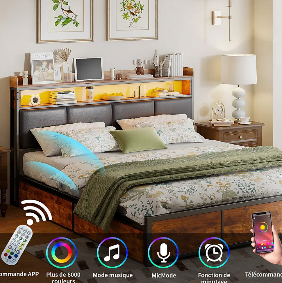 Lit double 140x200 cm avec cadre en métal, tête de lit en PU noir mat motif tigre et éclairage LED intégré