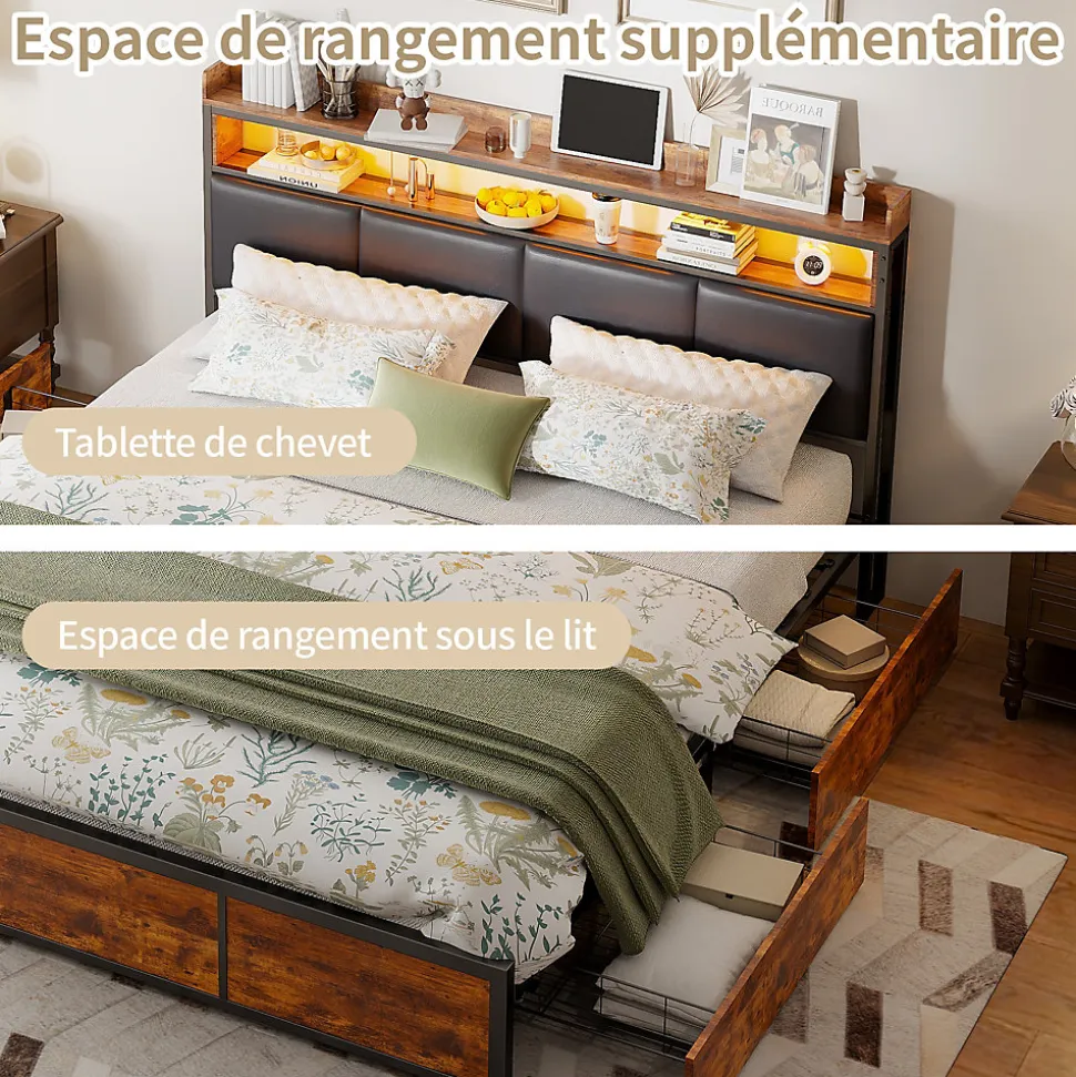 Lit double 140x200 cm avec cadre en métal, tête de lit en PU noir mat motif tigre et éclairage LED intégré