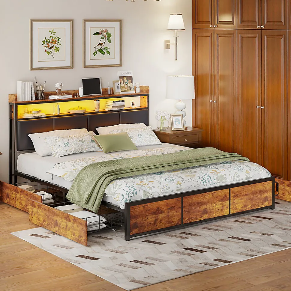 Lit double 140x200 cm avec cadre en métal, tête de lit en PU noir mat motif tigre et éclairage LED intégré