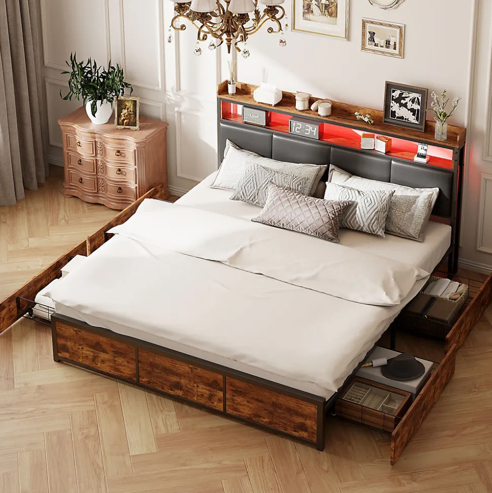 Lit double 140x200 cm avec cadre en métal, tête de lit en PU noir mat motif tigre et éclairage LED intégré