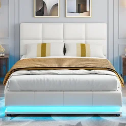 Lit Double 140x190 Cm, Avec Éclairage LED, Lit Avec Sommier Et Rangement, Pu, Blanc