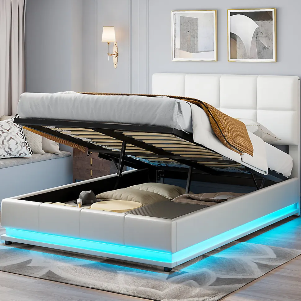 Lit Double 140x190 Cm, Avec Éclairage LED, Lit Avec Sommier Et Rangement, Pu, Blanc