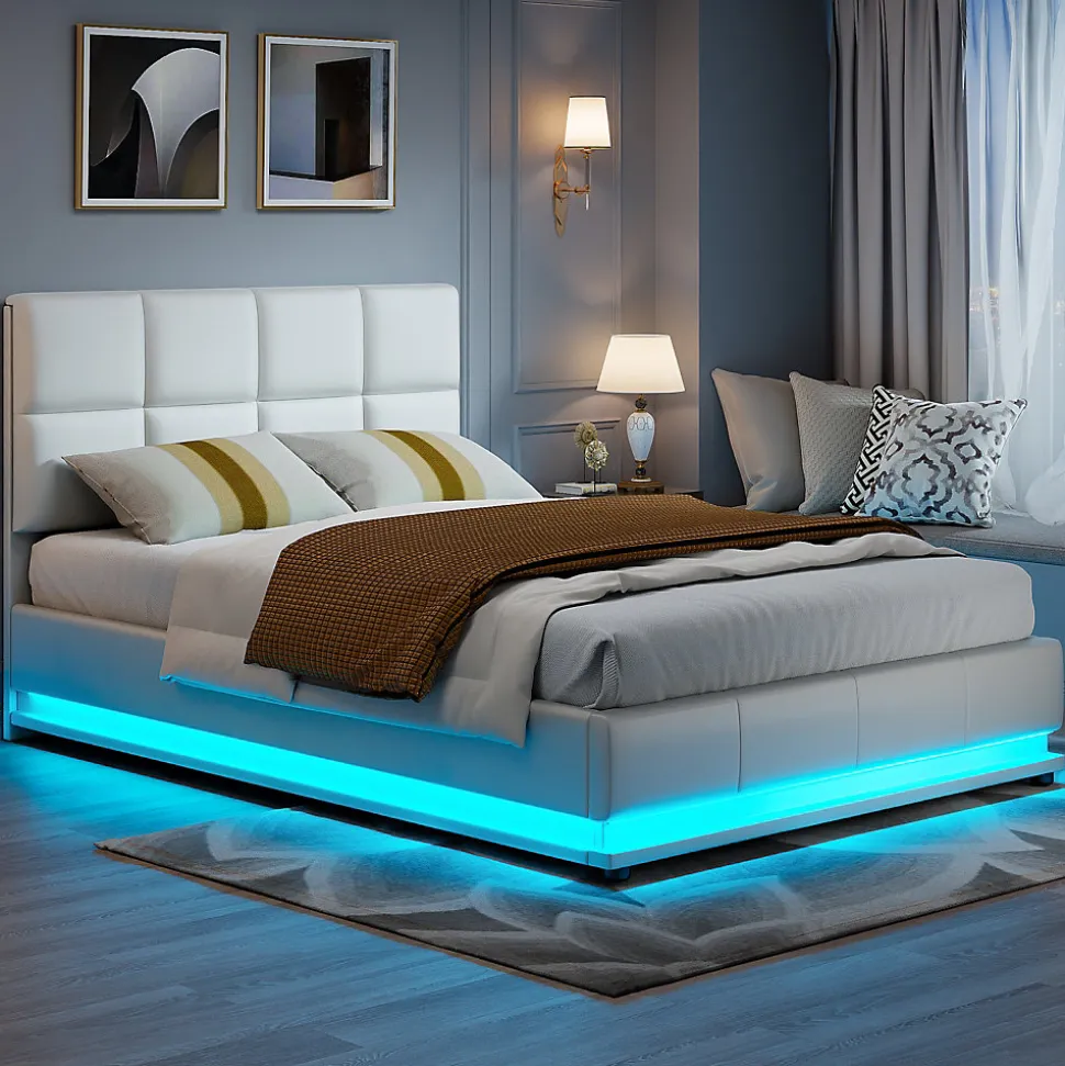 Lit Double 140x190 Cm, Avec Éclairage LED, Lit Avec Sommier Et Rangement, Pu, Blanc