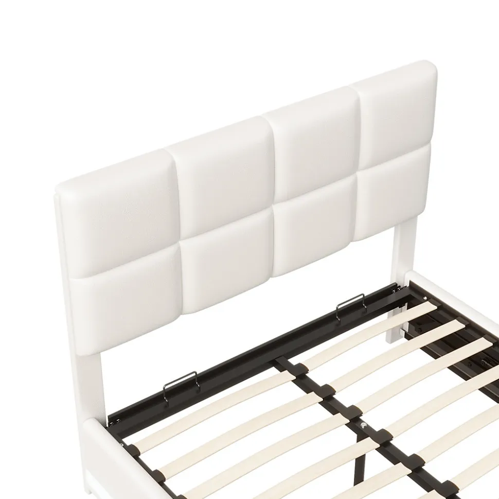 Lit Double 140x190 Cm, Avec Éclairage LED, Lit Avec Sommier Et Rangement, Pu, Blanc