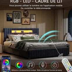 Lit Double 160x200 cm avec Coffre de Rangement Hydraulique Velours Capitonné Gris, Éclairage LED Intégré et Cadre Robuste