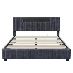 Lit Double 160x200 cm avec Coffre de Rangement Hydraulique Velours Capitonné Gris, Éclairage LED Intégré et Cadre Robuste
