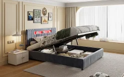 Lit Double 160x200 cm avec Coffre de Rangement Hydraulique Velours Capitonné Gris, Éclairage LED Intégré et Cadre Robuste