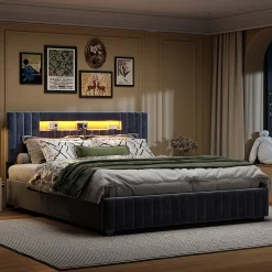 Lit Double 160x200 cm avec Coffre de Rangement Hydraulique Velours Capitonné Gris, Éclairage LED Intégré et Cadre Robuste