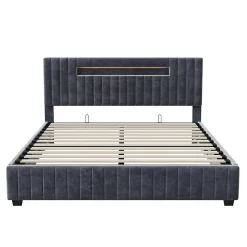 Lit Double 140x200 cm avec Coffre de Rangement Hydraulique Velours Capitonné Gris, Éclairage LED Intégré et Cadre Robuste