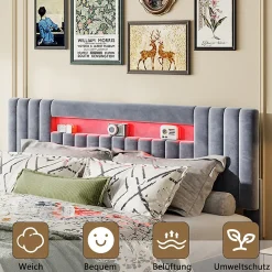 Lit Double 140x200 cm avec Coffre de Rangement Hydraulique Velours Capitonné Gris, Éclairage LED Intégré et Cadre Robuste