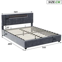 Lit Double 140x200 cm avec Coffre de Rangement Hydraulique Velours Capitonné Gris, Éclairage LED Intégré et Cadre Robuste