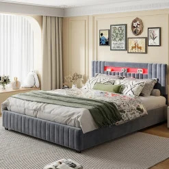Lit Double 140x200 cm avec Coffre de Rangement Hydraulique Velours Capitonné Gris, Éclairage LED Intégré et Cadre Robuste