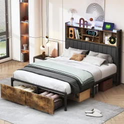 Lit double 140x200 cm avec LED, structure en métal, 2 tiroirs, tête de lit avec rangement, sommier à lattes