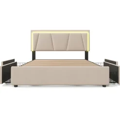 Lit Double 140x200 cm avec LED et Tiroirs - Lit Capitonné avec Tête Réglable et Rangement - en Lin Beige, Sans Matelas