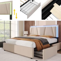 Lit Double 140x200 cm avec LED et Tiroirs - Lit Capitonné avec Tête Réglable et Rangement - en Lin Beige, Sans Matelas