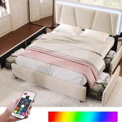 Lit Double 140x200 cm avec LED et Tiroirs - Lit Capitonné avec Tête Réglable et Rangement - en Lin Beige, Sans Matelas