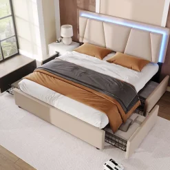 Lit Double 140x200 cm avec LED et Tiroirs - Lit Capitonné avec Tête Réglable et Rangement - en Lin Beige, Sans Matelas
