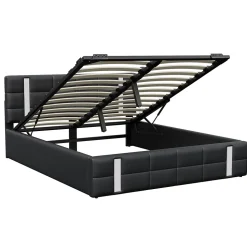 Lit double 140x200 cm avec LED, USB, tête de lit, sommier à lattes, PU noir, fonction de charge