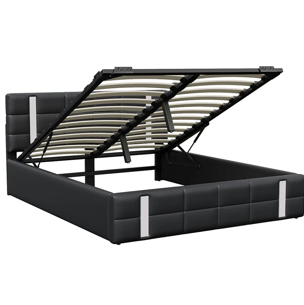 Lit double 140x200 cm avec LED, USB, tête de lit, sommier à lattes, PU noir, fonction de charge