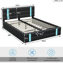 Lit double 140x200 cm avec LED, USB, tête de lit, sommier à lattes, PU noir, fonction de charge