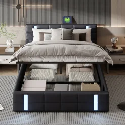 Lit double 140x200 cm avec LED, USB, tête de lit, sommier à lattes, PU noir, fonction de charge