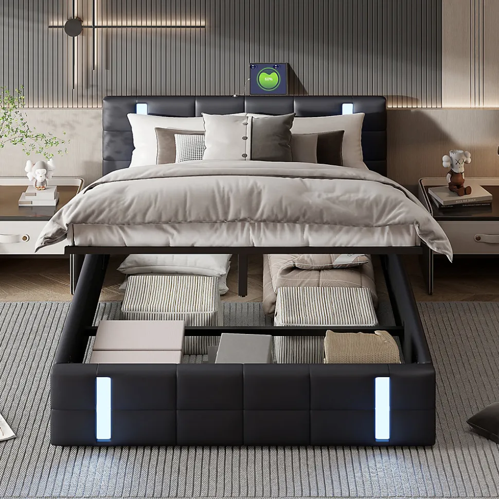 Lit double 140x200 cm avec LED, USB, tête de lit, sommier à lattes, PU noir, fonction de charge