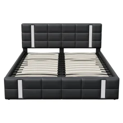 Lit double 140x200 cm avec LED, USB, tête de lit, sommier à lattes, PU noir, fonction de charge