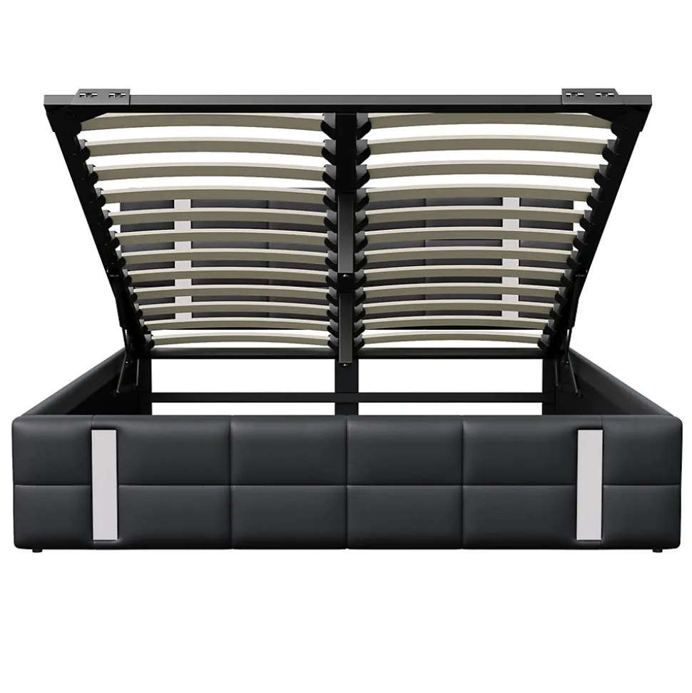 Lit double 140x200 cm avec LED, USB, tête de lit, sommier à lattes, PU noir, fonction de charge