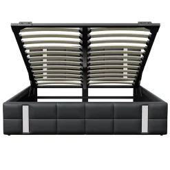 Lit double 140x200 cm avec LED, USB, tête de lit, sommier à lattes, PU noir, fonction de charge