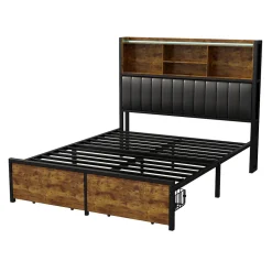 Lit double 140x200 cm avec LED, cadre métal, 2 tiroirs, tête avec rangement, sommier lattes