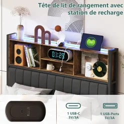 Lit double 140x200 cm avec LED, cadre métal, 2 tiroirs, tête avec rangement, sommier lattes