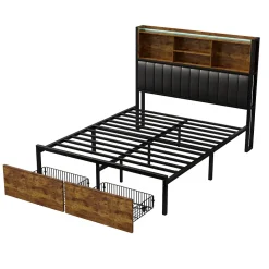 Lit double 140x200 cm avec LED, cadre métal, 2 tiroirs, tête avec rangement, sommier lattes