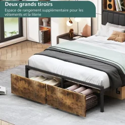 Lit double 160x200 cm avec LED, cadre métal, 2 tiroirs, tête avec rangement, sommier lattes