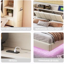 Lit Double 140x200 cm avec Ports USB, Éclairage LED et Rangement Intégré - Tête de Lit Réversible - Lin Beige