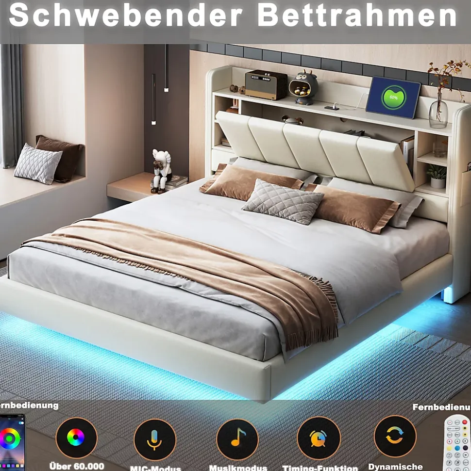 Lit Double 140x200 cm avec Ports USB, Éclairage LED et Rangement Intégré - Tête de Lit Réversible - Lin Beige