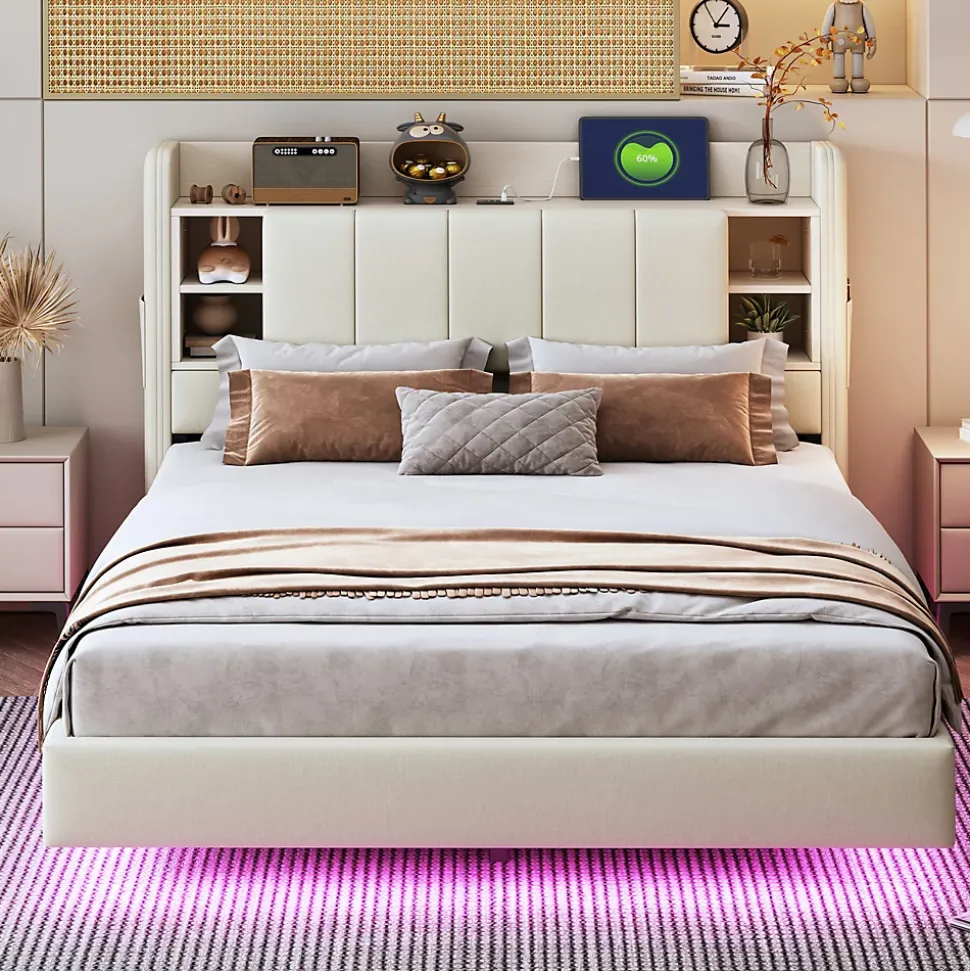 Lit Double 140x200 cm avec Ports USB, Éclairage LED et Rangement Intégré - Tête de Lit Réversible - Lin Beige