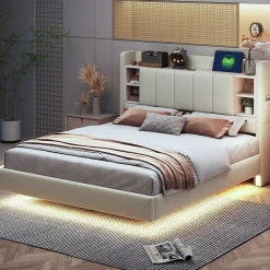 Lit Double 140x200 cm avec Ports USB, Éclairage LED et Rangement Intégré - Tête de Lit Réversible - Lin Beige