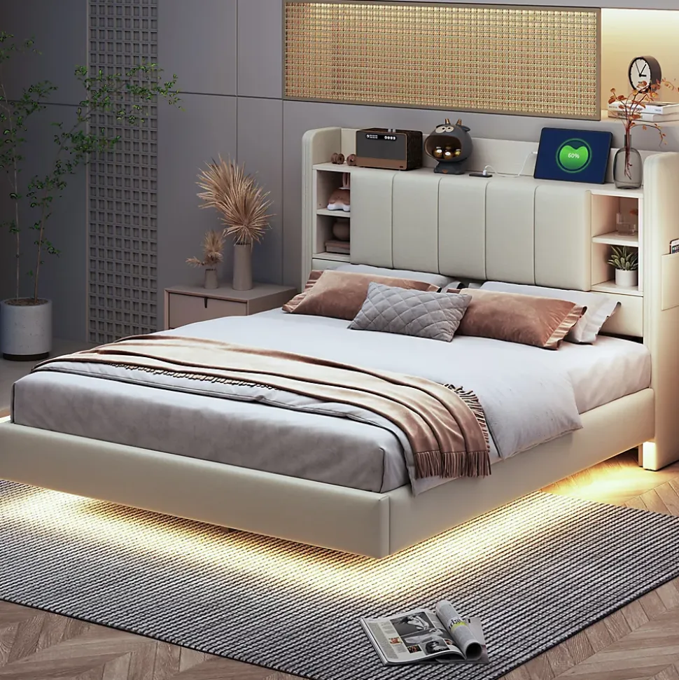 Lit Double 140x200 cm avec Ports USB, Éclairage LED et Rangement Intégré - Tête de Lit Réversible - Lin Beige