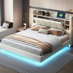 Lit Double 160x200 cm avec Ports USB, Éclairage LED et Rangement Intégré - Tête de Lit Réversible - Lin Beige, Sans Matelas