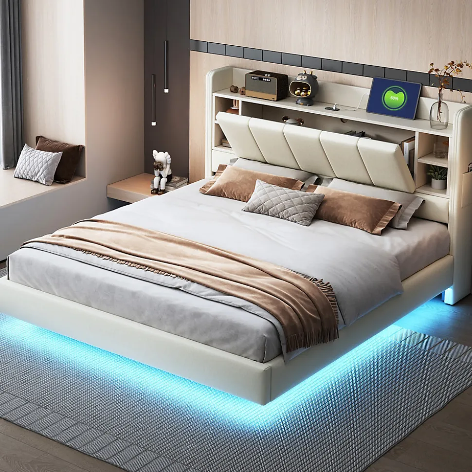 Lit Double 160x200 cm avec Ports USB, Éclairage LED et Rangement Intégré - Tête de Lit Réversible - Lin Beige, Sans Matelas