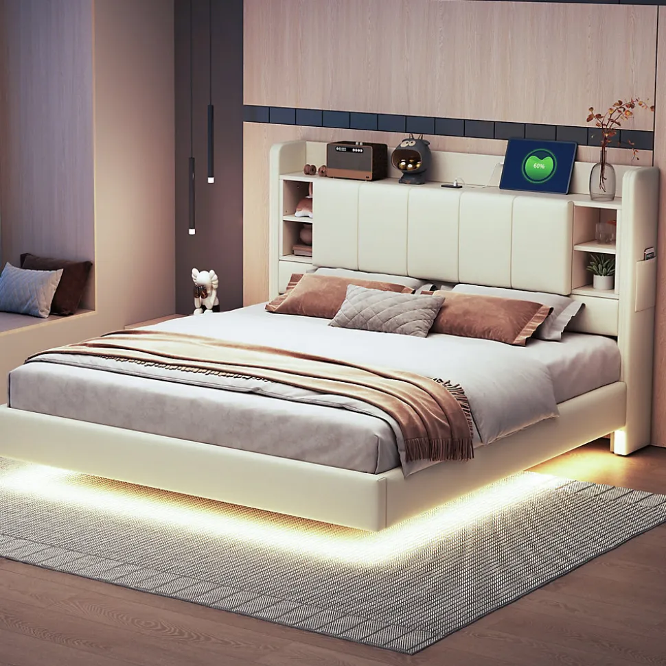Lit Double 160x200 cm avec Ports USB, Éclairage LED et Rangement Intégré - Tête de Lit Réversible - Lin Beige, Sans Matelas
