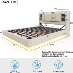 Lit Double 160x200 cm avec Ports USB, Éclairage LED et Rangement Intégré - Tête de Lit Réversible - Lin Beige, Sans Matelas